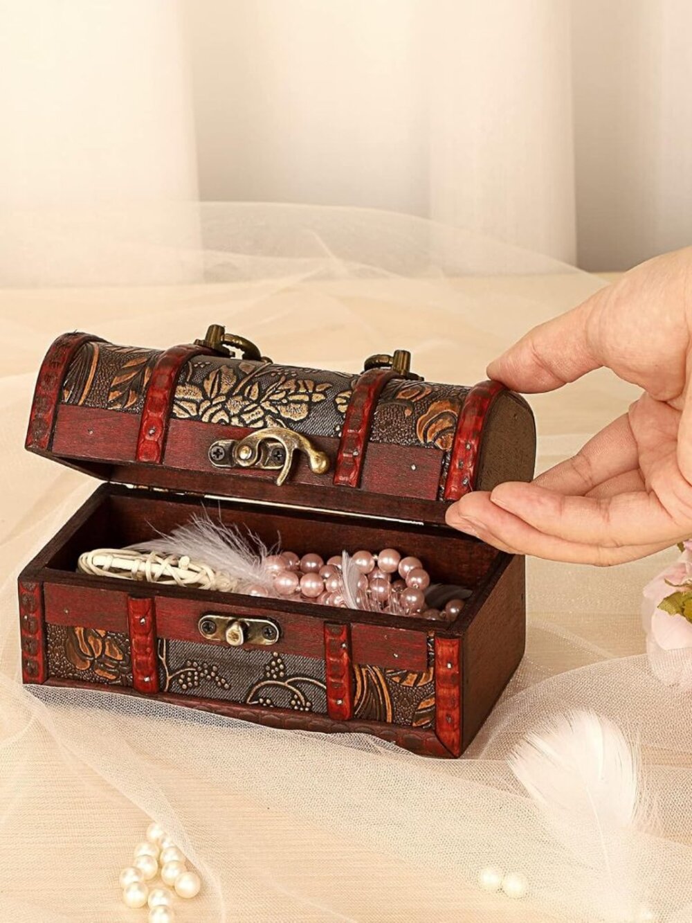 Vintage Treasure Chest, Pirate Keepsakes Box for Kids Gifts, Wooden Storage Box - Picture 7 of 9